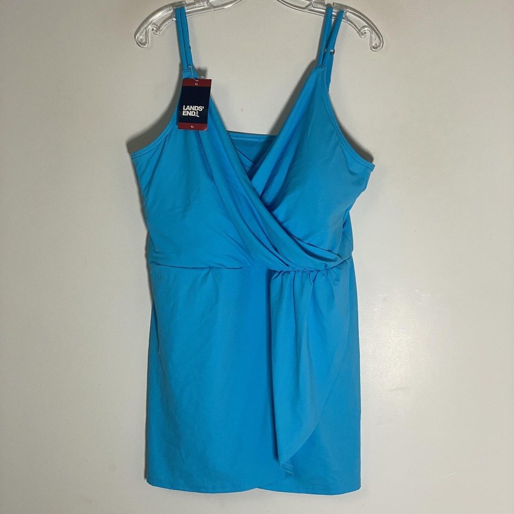 Lands' End Swimdress Womens XL Blue Wrap Front One Piece Adjustable Straps NWT